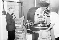 Geoffrey and Keith Gunton roasting coffee for a newspaper article in the 1960's.